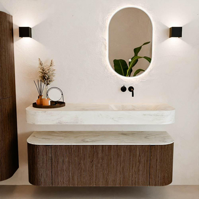 MONDIAZ THOR-DLUX 140cm badmeubel ronding links + rechts kleur Walnut met 1 lade en 2 deuren. Vrijhangende wastafel CLOUD Rechts zonder kraangat kleur Ostra.