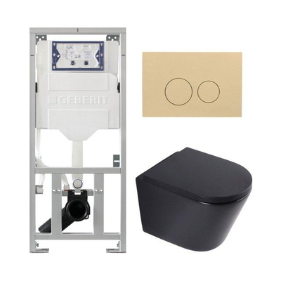 QeramiQ Dely Toiletset - 36.3x51.7cm - diepspoel - rimless - Geberit UP320 inbouwreservoir - softclose toilet zitting 35 mm - bedieningsplaat beige - ronde knoppen - mat zwart