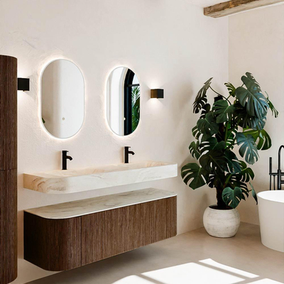 MONDIAZ THOR-DLUX 150cm meuble de salle de bains arrondi gauche + droite couleur Walnut avec 1 tiroir et 2 portes. Vasque suspendue CLOUD Double 2 trous de robinet couleur Ostra.