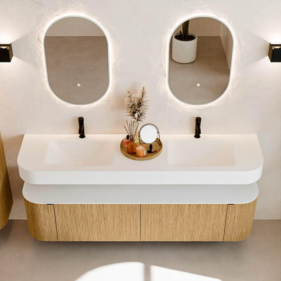 MONDIAZ THOR 180cm meuble de salle de bains arrondi gauche + droite couleur Oak avec 2 tiroirs et 2 portes. Vasque suspendue CLOUD Double 2 trous de robinet couleur Talc.