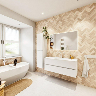 MONDIAZ VICA meuble sous lavabo 120cm Talc 2 tiroirs. Lavabo MOON centre 1 trou de robinet, couleur Talc.