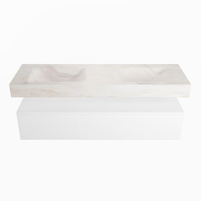 Mondiaz ALAN-DLUX Ensemble de meuble - 150cm - meuble Talc mat - 1 tiroir - Lavabo Cloud Ostra suspendu - vasque Gauche et droite - 2 trous de robinet