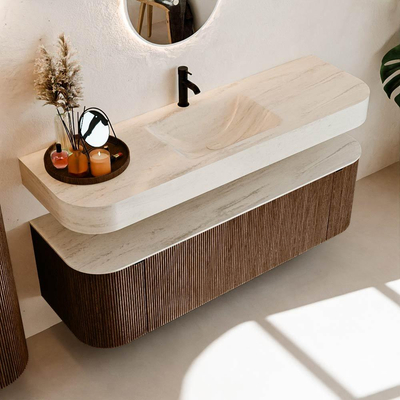 MONDIAZ THOR-DLUX 150cm badmeubel ronding links + rechts kleur Walnut met 1 lade en 2 deuren. Vrijhangende wastafel CLOUD Midden 1 kraangat kleur Meli.