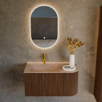 MONDIAZ KURVE-DLUX meuble de salle de bains 85cm arrondi droite couleur noyer avec 1 tiroir et 1 porte. Lavabo CLOUD gauche 1 trou de robinet Saba.