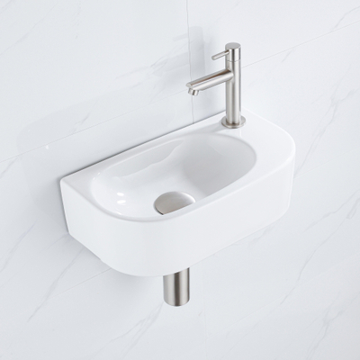 Fugaflow Efficiente Pietra Ensemble lave-mains – 40 x 21,5 x 12 cm – droite – lisse – demi-rond – 1 trou pour robinet – céramique – robinet pour lave-mains en acier inoxydable brossé – bonde d’évacuation – siphon extra-plat – blanc brillant