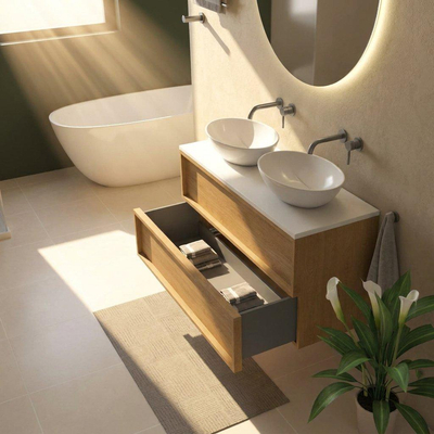 Saniclass Holz Frame Ensemble de meubles de salle de bains - 120x45x62.5cm - Plan de toilette Torino en solid surface blanc - sans trou de robinetterie - 2 tiroirs - chêne natural mat (bois)