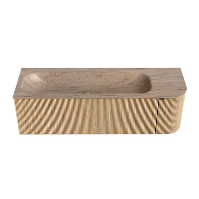 MONDIAZ KURVE-DLUX Meuble de salle de bains 145cm arrondi Droite couleur Chêne avec 1 tiroir et 1 porte. Lavabo BIG LARGE Gauche 2 trous de robinet Saba.