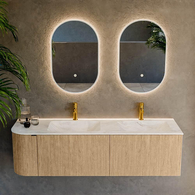 MONDIAZ KURVE-DLUX meuble de salle de bains 155cm avec module 25 L couleur Chêne avec 2 tiroirs et 1 porte. Lavabo LEAF double / droite 2 trous de robinet couleur Ostra.