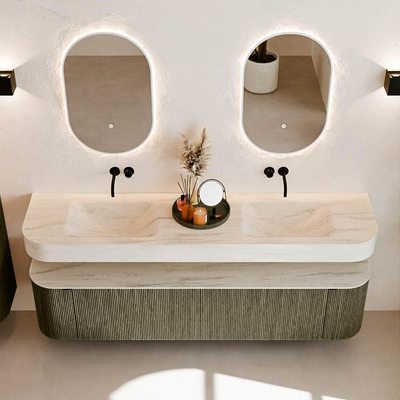 MONDIAZ THOR-DLUX 190cm meuble de salle de bains arrondi gauche + droite couleur Shadow avec 2 tiroirs et 2 portes. Vasque suspendue CLOUD Double sans trou de robinet couleur Meli.