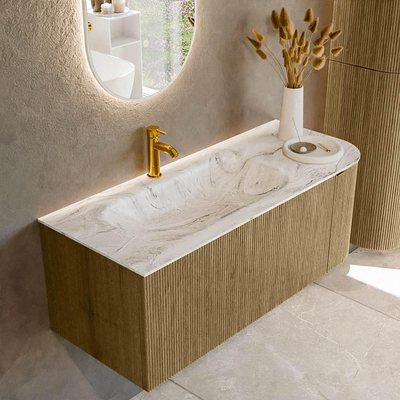 Mondiaz KURVE-DLUX Ensemble de meuble de salle de bains - 115x46x40cm - 1 tiroir - 1 porte - lavabo solid surface - gauche - 1 trou de robinet - Dusk