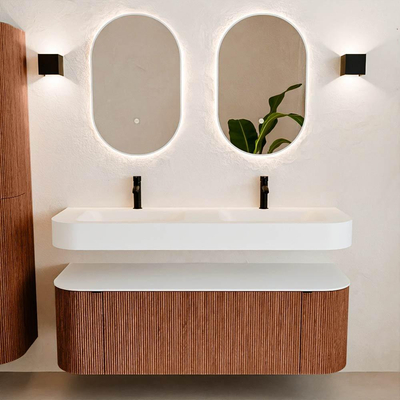 MONDIAZ THOR 140cm meuble de salle de bains arrondi gauche + droite couleur Ruby avec 1 tiroir et 2 portes. Vasque suspendue CLOUD Double 2 trous de robinet couleur Talc.