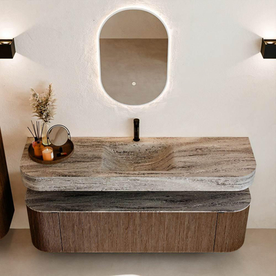 MONDIAZ THOR-DLUX 160cm badmeubel ronding links + rechts kleur Walnut met 1 lade en 2 deuren. Vrijhangende wastafel CLOUD Midden 1 kraangat kleur Oza.