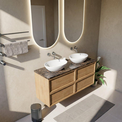 Saniclass Holz Frame Ensemble de meubles de salle de bains - 140x45x63cm - Plan de travail en pierre naturelle Noche dark emperador - sans trou de robinet - 4 tiroirs - chêne natural mat (bois)
