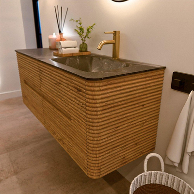Mondiaz CIRO-DLUX Meuble de salle de bains - 130x45x50cm - Lavabo solid surface Lava - 1 vasque à droite - 1 trou de robinet - 4 tiroirs - Chêne