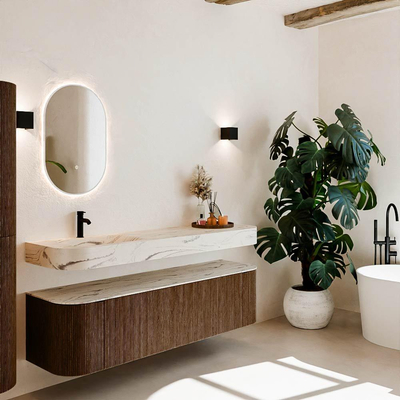 MONDIAZ THOR-DLUX Meuble de salle de bains 170cm arrondi gauche + droite couleur Walnut avec 1 tiroir et 2 portes. Vasque suspendue CLOUD Gauche 1 trou de robinet couleur Nata.