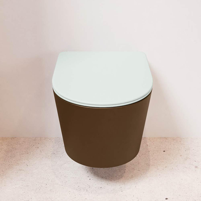 Mondiaz LAVIE hangtoilet – spoelrandloos – 36 x 53 cm – met softclose zitting – Rust (bruin), zitting Greey (lichtgroen/grijs)