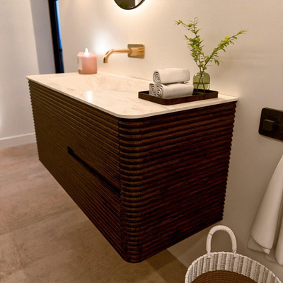 Mondiaz CIRO-DLUX Meuble de salle de bains - 110x45x50cm - vasque solid surface Ostra - 1 bassin à gauche - sans trous de robinet - 2 tiroirs - Noyer