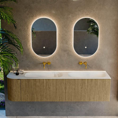 Mondiaz KURVE Ensemble de meuble de salle de bains - 175x46x40cm - 2 tiroirs - 1 porte - lavabo solid surface - double / droit - sans trou de robinet - Dusk