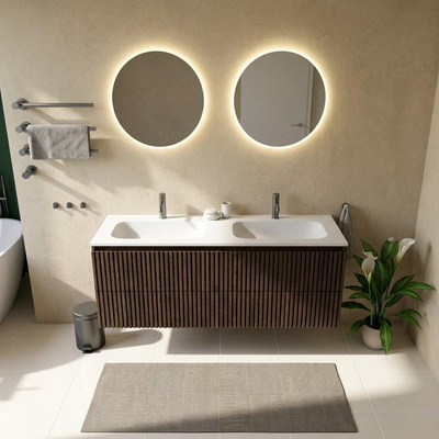 Saniclass Holz Atelier Ensemble meuble de salle de bains - 160x45x61.5cm - lavabo Flow en solid surface blanc - 2 vasques - 2 trous de robinet - 4 tiroirs - chêne charcoal mat (bois)