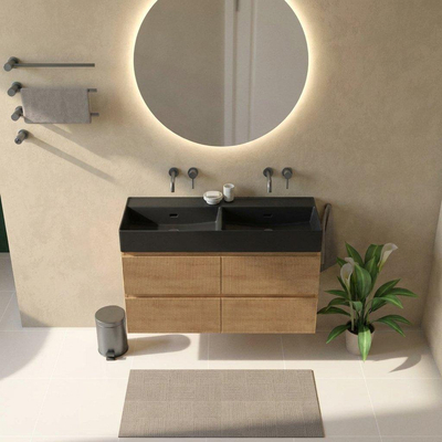 Saniclass Holz Atelier Badkamermeubelset - 120x45x72cm - Legend keramische wastafel mat zwart - 2 wasbakken - zonder kraangaten - 4 lades - mat eiken natural (hout)