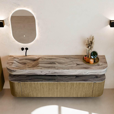 MONDIAZ THOR-DLUX Meuble de salle de bains 190cm arrondi gauche + droite couleur Dusk avec 2 tiroirs et 2 portes. Vasque suspendue CLOUD Gauche sans trou de robinet couleur Sombra.