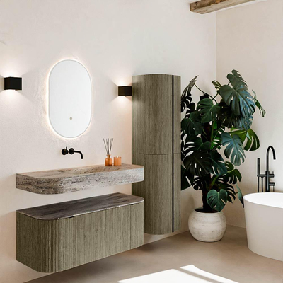 MONDIAZ THOR-DLUX 110cm meuble de salle de bains arrondi gauche + droite couleur Shadow avec 1 tiroir et 2 portes. Vasque suspendue CLOUD Milieu sans trou de robinet couleur Oza.