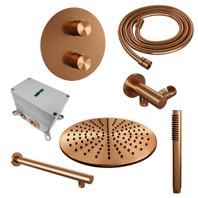 BRAUER Copper Edition thermostatische Inbouw Regendouche - 3-weg - rond - set 74 - 30cm hoofddouche - rechte muurarm - staaf handdouche - doucheslang - wandaansluitbocht - koper geborsteld PVD