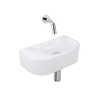 QeramiQ Fuente pack lave-mains – demi-rond – 40 x 21,5 x 12 cm – céramique blanc brillant – robinet chromé – cannelé