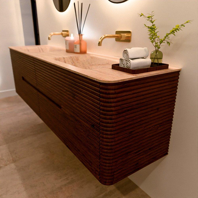 Mondiaz CIRO-DLUX Badkamermeubelset - 180x45x50cm - Solid surface wastafel Saba - 2 wasbak Dubbel - zonder kraangaten - 4 lades - Ruby