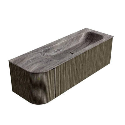 MONDIAZ KURVE-DLUX 135cm badmeubel ronding Links kleur Shadow met 1 lade en 1 deur. Wastafel BIG MEDIUM Rechts 1 kraangat Oza.