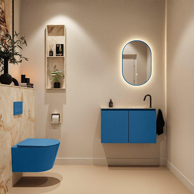 MONDIAZ TURE-DLUX Meuble toilette - 80cm - Jeans - EDEN - vasque Frappe - position droite - 1 trou de robinet