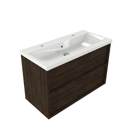 Saniclass Holz Frame Ensemble meuble de salle de bains - 100x45x63.5cm - Bari lavabo en céramique blanc - 1 vasque - 2 trous de robinet - 2 tiroirs - chêne charcoal mat (bois)
