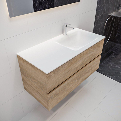 MONDIAZ VICA Badkamermeubelset - 100cm - 2 lades - wasbak Cloud rechts - 1 kraangat - solid surface washed oak