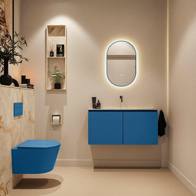 MONDIAZ TURE-DLUX Meuble toilette - 100cm - Jeans - EDEN - vasque Frappe - position centrale - sans trou de robinet