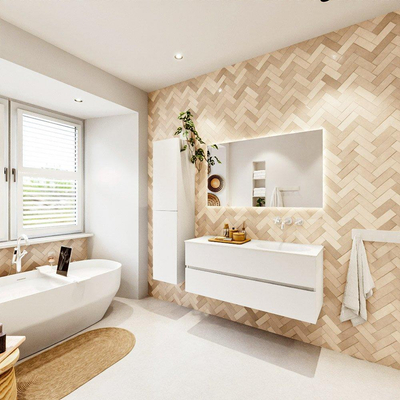 MONDIAZ VICA meuble sous lavabo 120cm Talc 2 tiroirs. Lavabo MOON droit sans trou de robinet, couleur Talc.