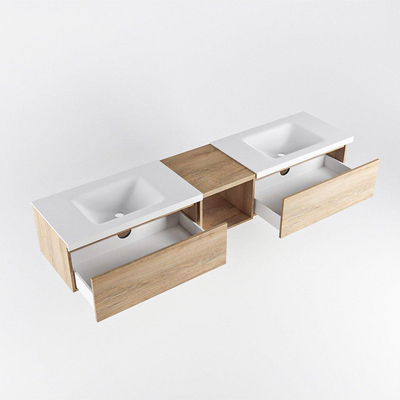 MONDIAZ BUKLA 200cm ensemble de meuble avec module ouvert 40 couleur Chêne blanchi avec 2 tiroirs. Lavabo CLOUD double 2 trous de robinet couleur Talc.