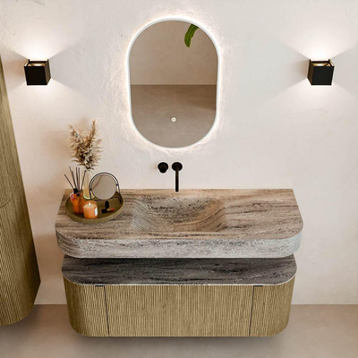 MONDIAZ THOR-DLUX 130cm meuble de salle de bains arrondi gauche + droite couleur Dusk avec 1 tiroir et 2 portes. Vasque suspendue CLOUD Milieu sans trou de robinet couleur Oza.