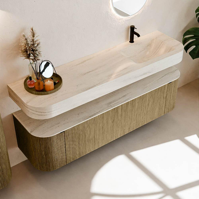 MONDIAZ THOR-DLUX Meuble de salle de bains 170cm arrondi gauche + droite couleur Dusk avec 1 tiroir et 2 portes. Vasque suspendue CLOUD Droite 1 trou de robinet couleur Meli.