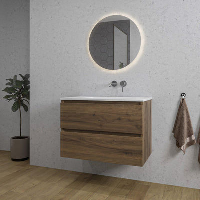 Saniclass Chaci Meuble de salle de bain - 80x46x55cm - lavabo en céramique blanc - 1 vasque - sans trous de robinet - 2 tiroirs - ronde miroir avec éclairage - noyer (hout)