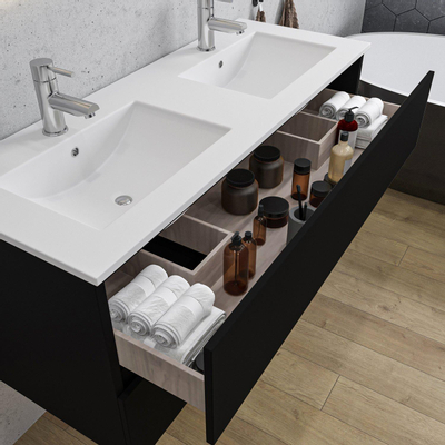 Adema Chaci Ensemble meuble de salle de bains - 120x46x57cm - 2 vasques en céramique blanche - 2 trous pour robinets - 2 tiroirs - miroir rectangulaire - noir mat