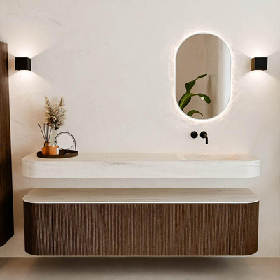 MONDIAZ THOR-DLUX Meuble de salle de bains - 180cm - arrondi gauche + droite - couleur Walnut - 2 tiroirs et 2 portes - Vasque suspendue CLOUD droite sans trou de robinet - couleur Meli