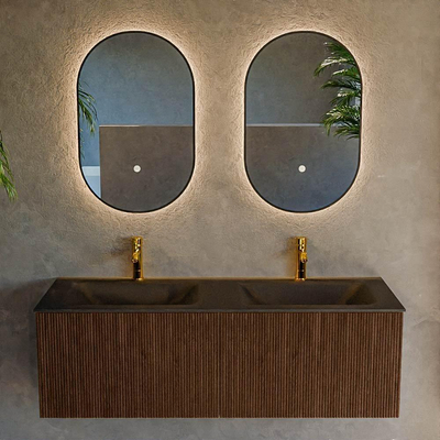MONDIAZ KURVE 130cm Meuble salle de bain - couleur Walnut - 2 tiroirs - vasque CLOUD double - 2 trous de robinet - Urban
