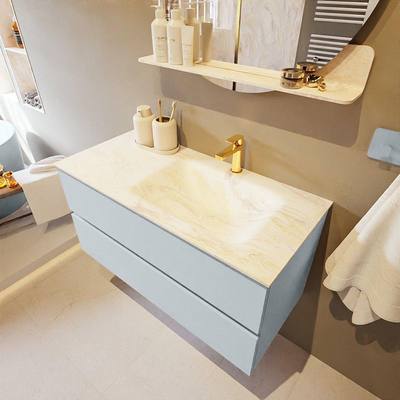 Mondiaz VICA-DLUX ensemble de meuble de salle de bain - 100cm - meuble sous-vasque argile - 2 tiroirs - lavabo encastré nuage droite - 1 trou de robinet - version haute de 60cm - ostra