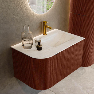 Mondiaz KURVE-DLUX Badkamermeubelset - 75x46x40cm - 1 lade - 1 deur - wastafel solid surface - rechts - 1 kraangat - Ruby