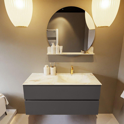 Mondiaz VICA-DLUX Ensemble de meuble de salle de bain - 110cm - meuble sous-vasque gris foncé - 2 tiroirs - lavabo encastré cloud droite - 1 trou de robinet - version haute de 60cm - frape