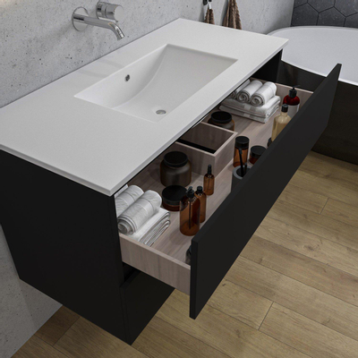 Saniclass Chaci Ensemble meuble de salle de bains - 100x46x55cm - lavabo en céramique blanc - 1 vasque - sans trous de robinet - 2 tiroirs - miroir rond avec éclairage - noir mat