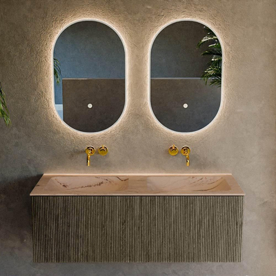 MONDIAZ KURVE-DLUX Meuble de salle de bains 120 cm couleur Shadow avec 1 tiroir et 0 porte. Lavabo LEAF Double sans trou de robinet Arena.
