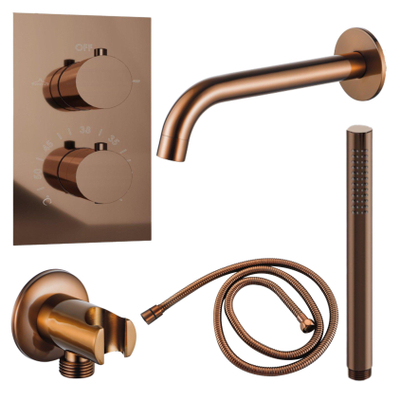 FugaFlow Eccelente Ensemble robinet de baignoire Acces - bec - 22cm raccourcissable - flexible métallique - douchette à main - corps encastré - support mural - cuivre brossé PVD