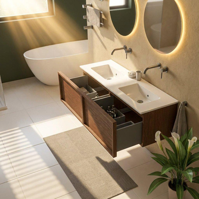 Saniclass Holz Frame Ensemble meuble de salle de bains - 140x45x42cm - lavabo Vygo en céramique blanc - 2 vasques - sans trous de robinet - 2 tiroirs - brillant walnut pure (bois)