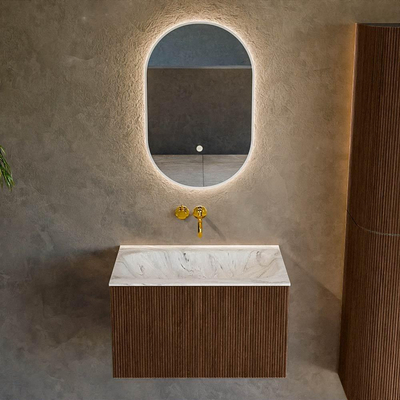 MONDIAZ KURVE-DLUX 70cm badmeubel kleur Walnut met 1 lade. Wastafel BIG SMALL midden zonder kraangat kleur Glace.